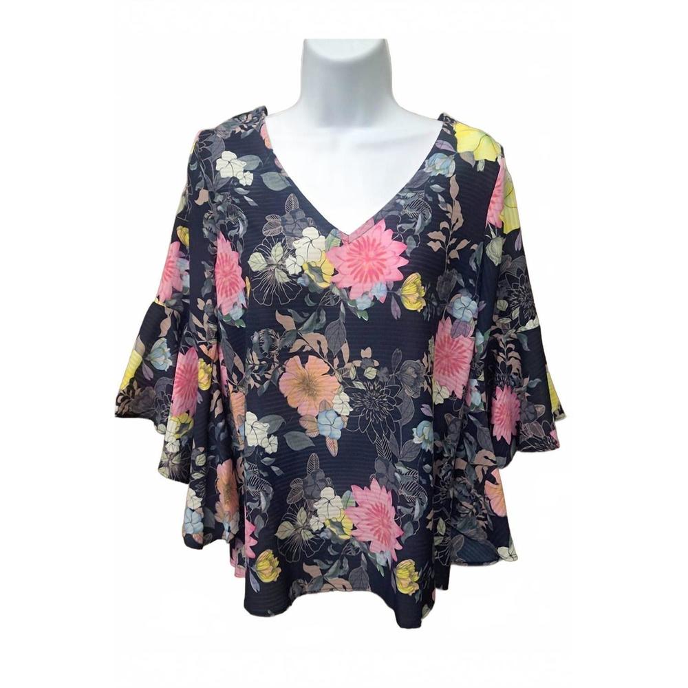 NEW MOCI women's floral bell sleeve back tie top in blue